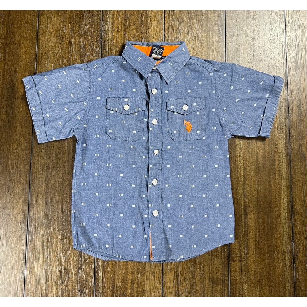 US Polo Assn Boys Blue Dash Print Short Sleeve Button Down Shirt Size 6